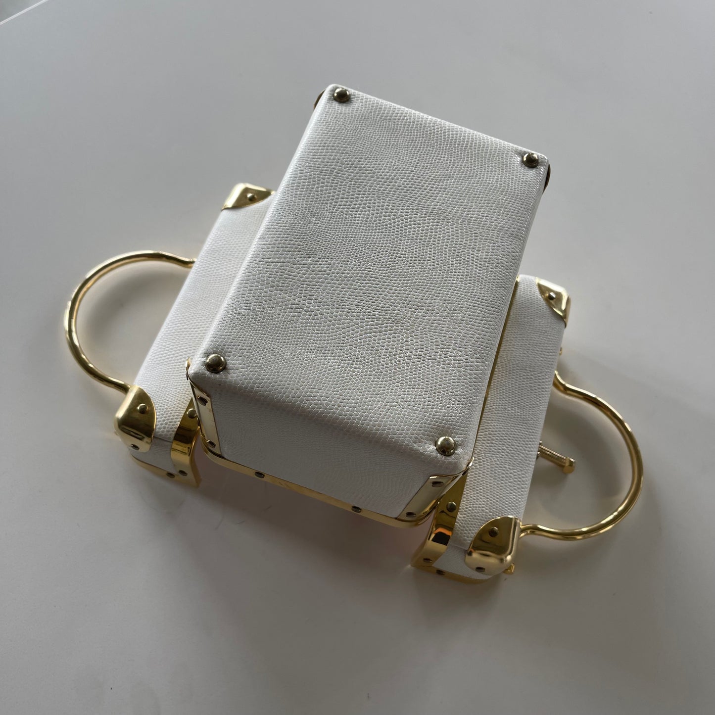 Vintage 60’s Trunk Bag in White Leather with Gold Hardware by Lizette New York