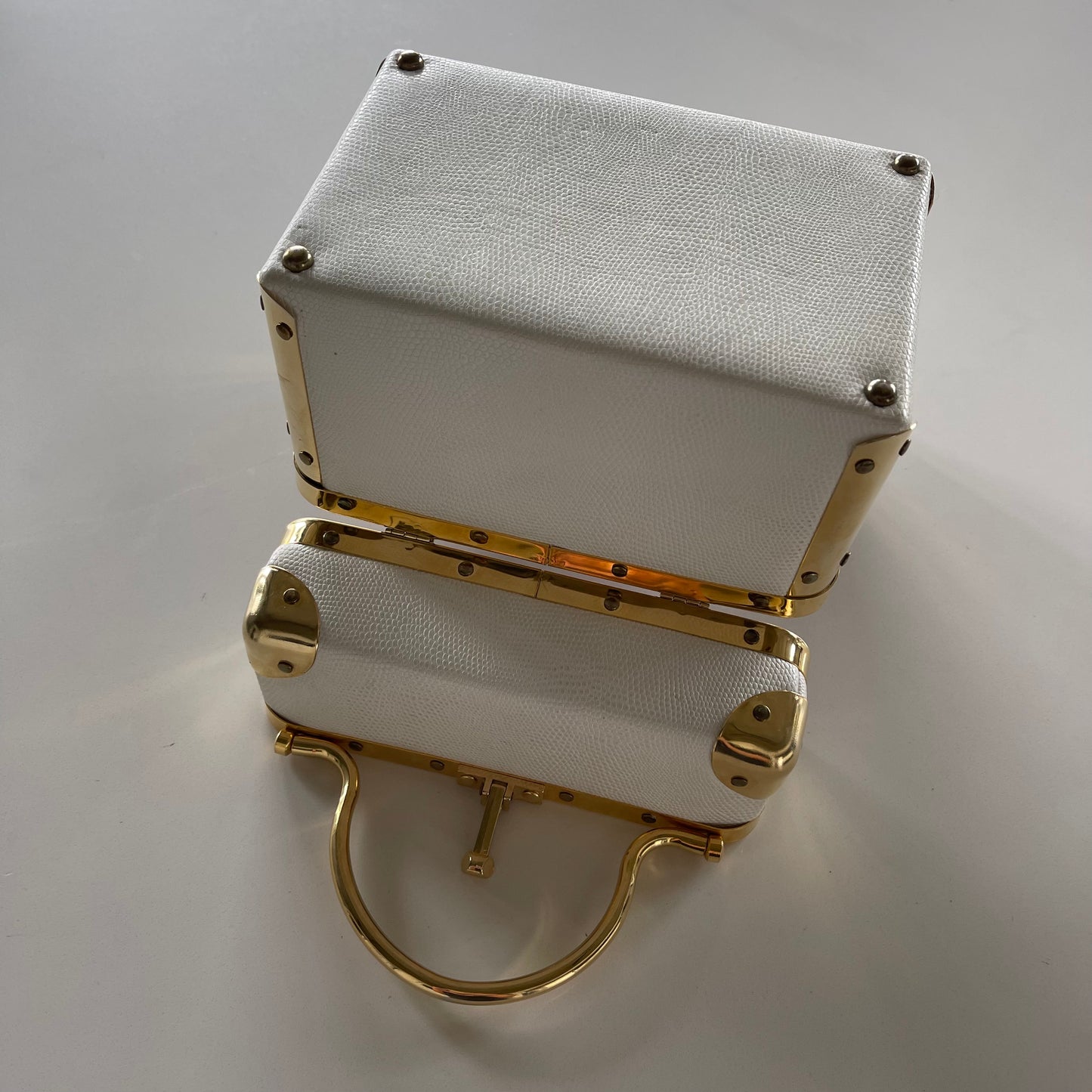 Vintage 60’s Trunk Bag in White Leather with Gold Hardware by Lizette New York