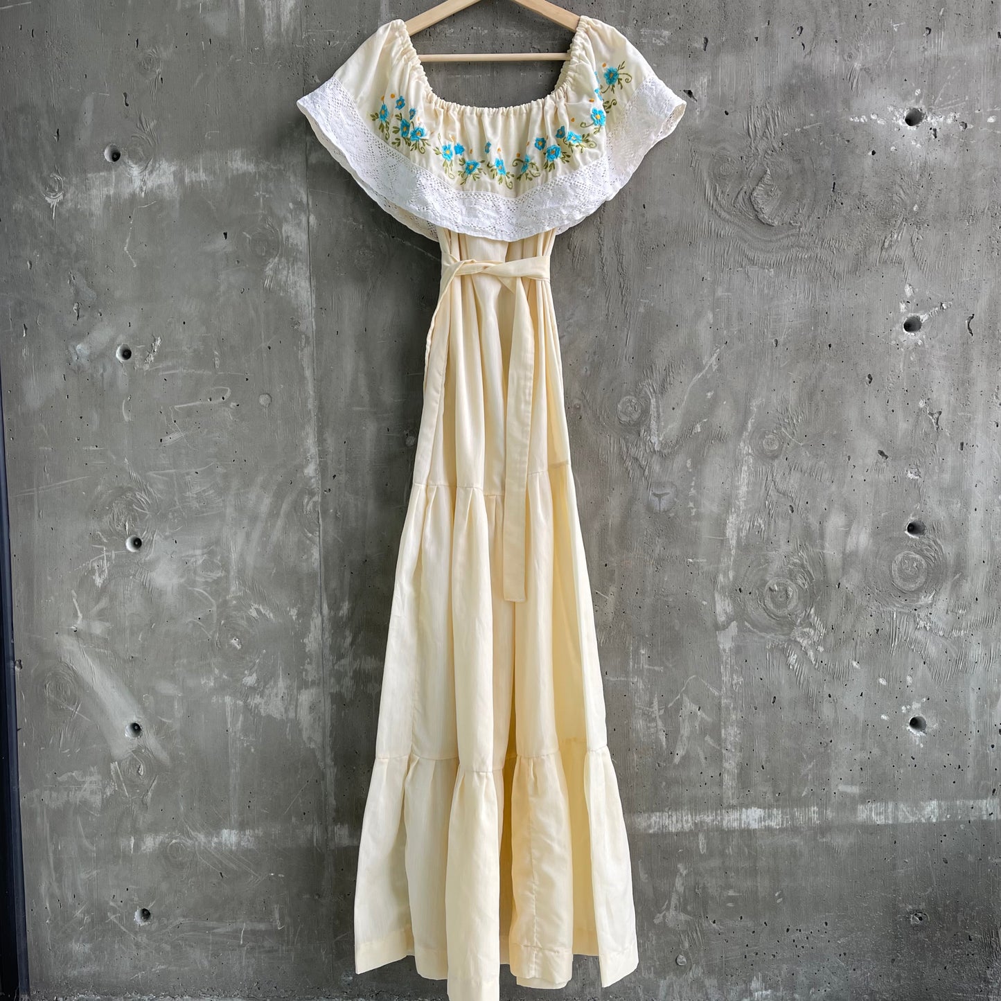 Vintage Traditional Tiered Dress by Hail in Creme with Floral Embroidery